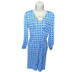 Michael Kors Blue White Geo Print Tie-Waist Gold Chain  Shirt Dress Size XS